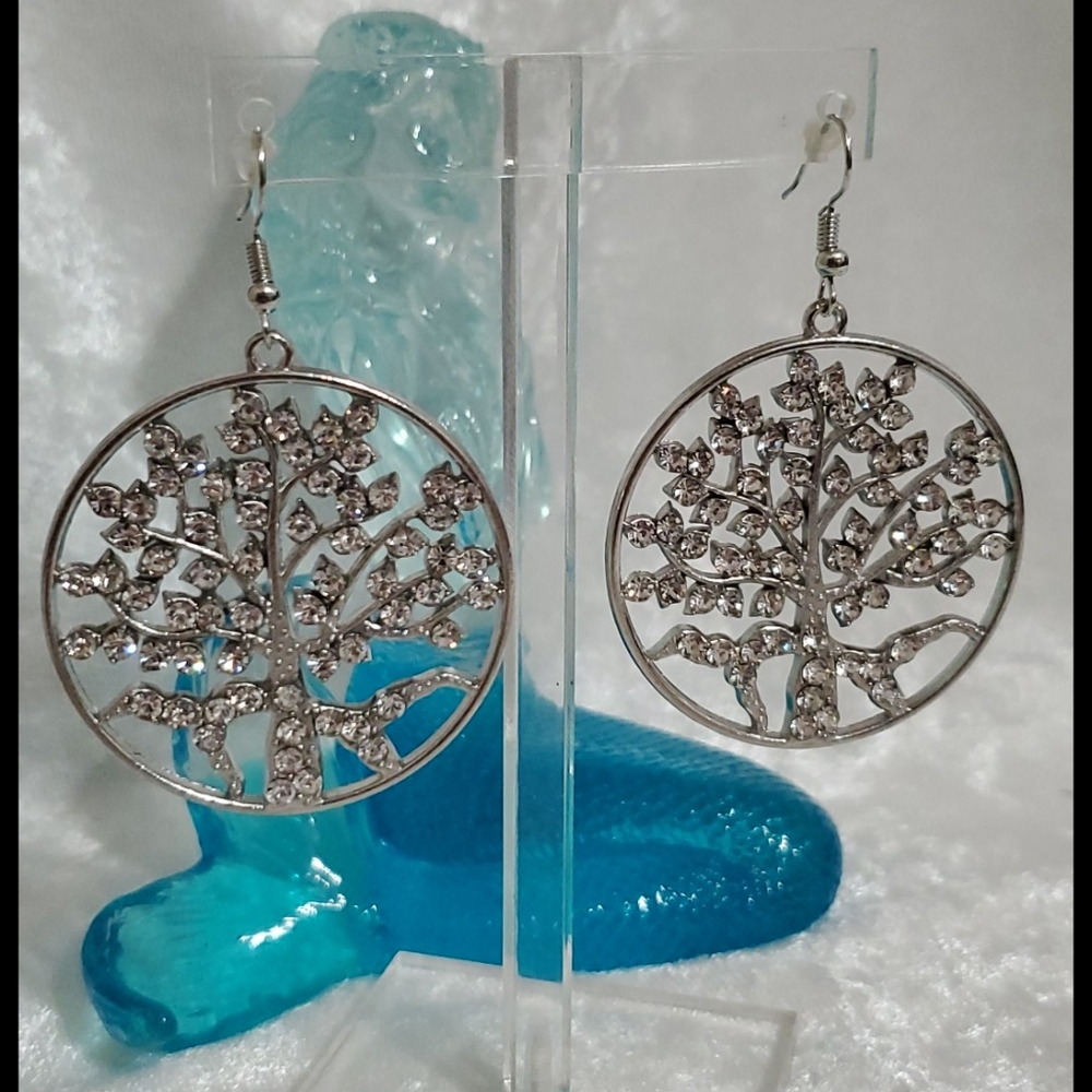 TREE OF LIFE design silvertone clear rhinestone leaves branches pierced earrings - Picture 4 of 4